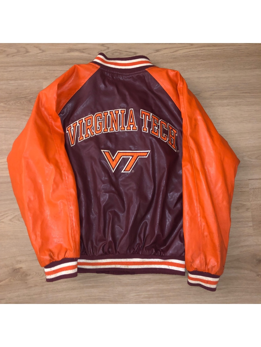 STEVE & BARRYS VIRGINIA TECH HOKIES VARSITY BOMBER JACKET LEATHER MENS SZ SMALL